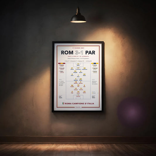 Poster partite storiche Roma – Parma, scudetto 2001: formazioni, marcatori e cambi, stampa CalcioArt