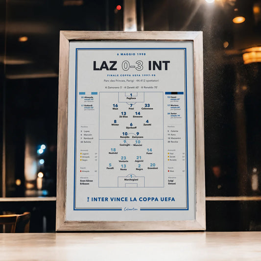 Poster partite storiche Lazio – Inter, finale Coppa UEFA 1998: formazioni, marcatori e cambi, stampa CalcioArt