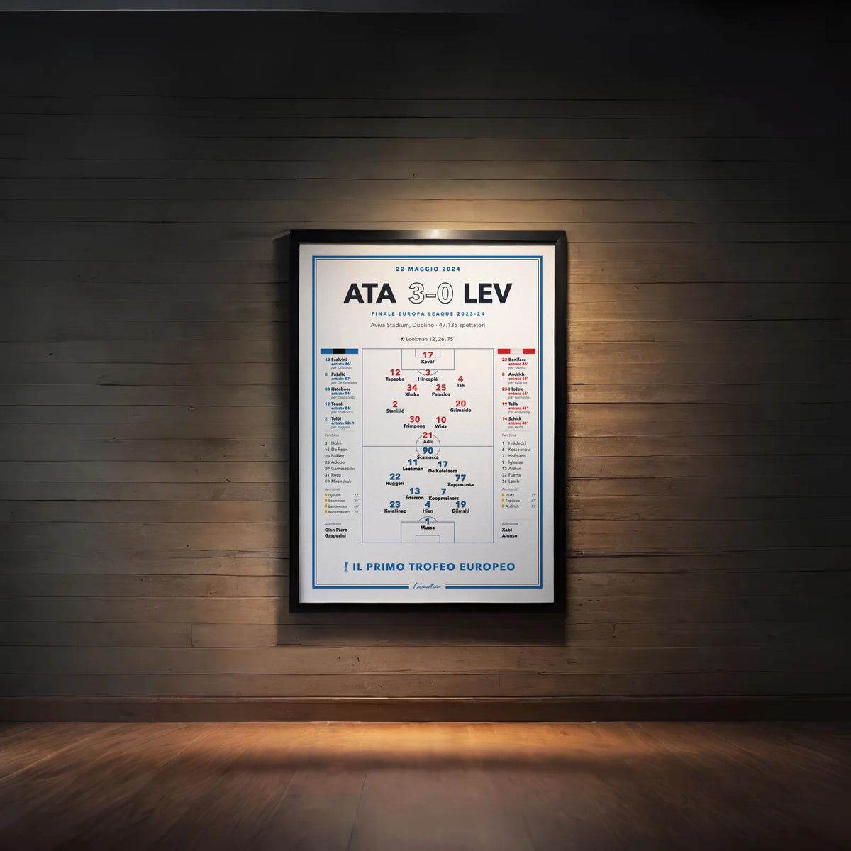 Poster CalcioArt Atalanta – Bayer Leverkusen, finale Europa League 2024 a Dublino, con formazioni