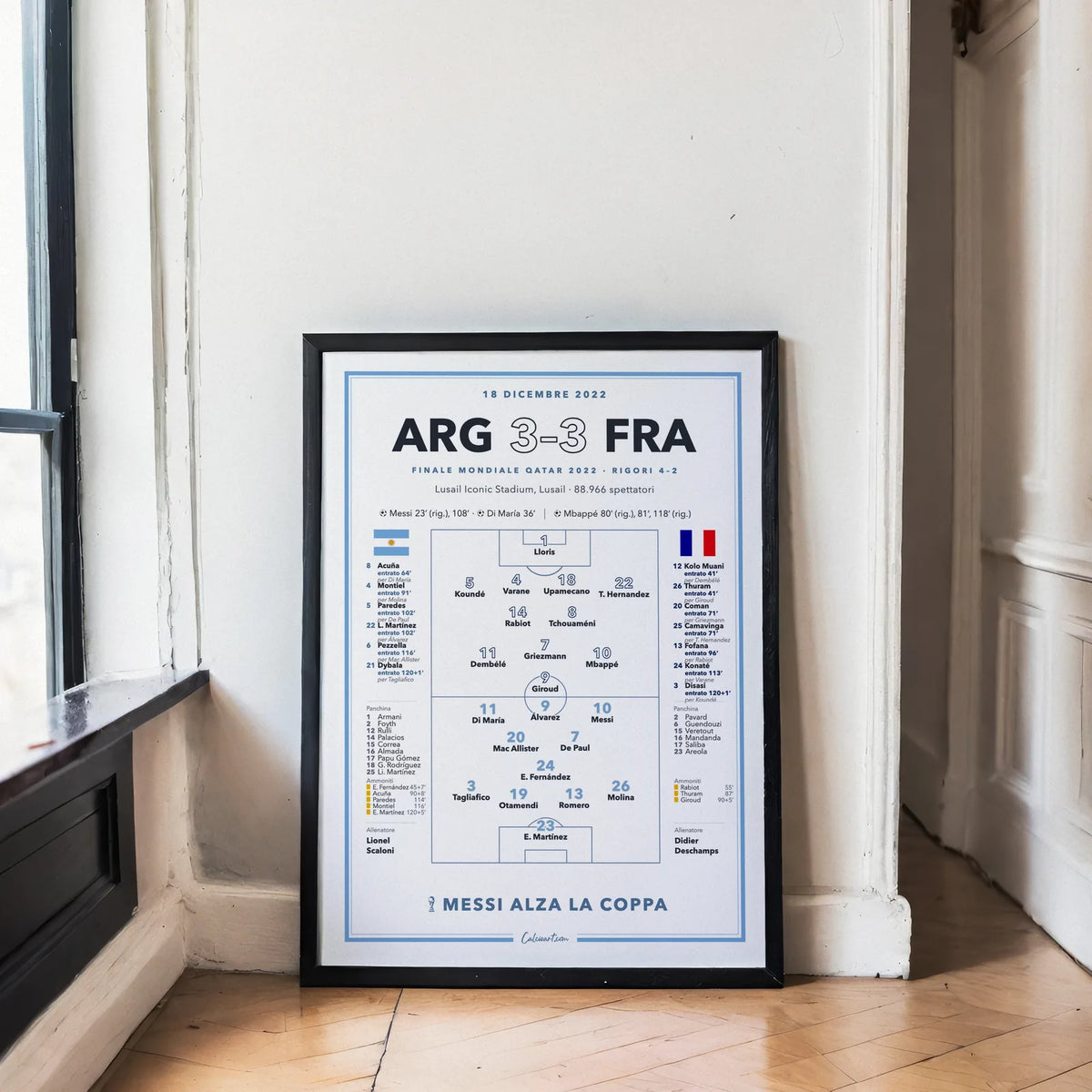 Poster CalcioArt Argentina – Francia, finale dei Mondiali 2022 a Lusail, con formazioni e marcatori