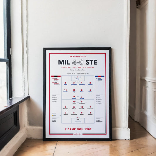Poster Milan – Steaua Bucarest, finale Coppa dei Campioni 1989, con formazioni e marcatori