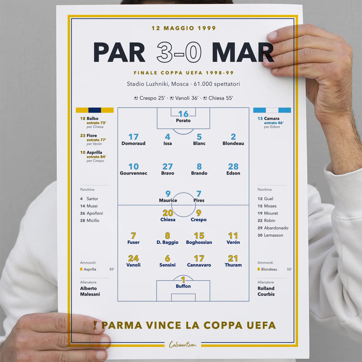 Poster CalcioArt Parma – Marsiglia, finale Coppa UEFA 1999 a Mosca, con formazioni e marcatori