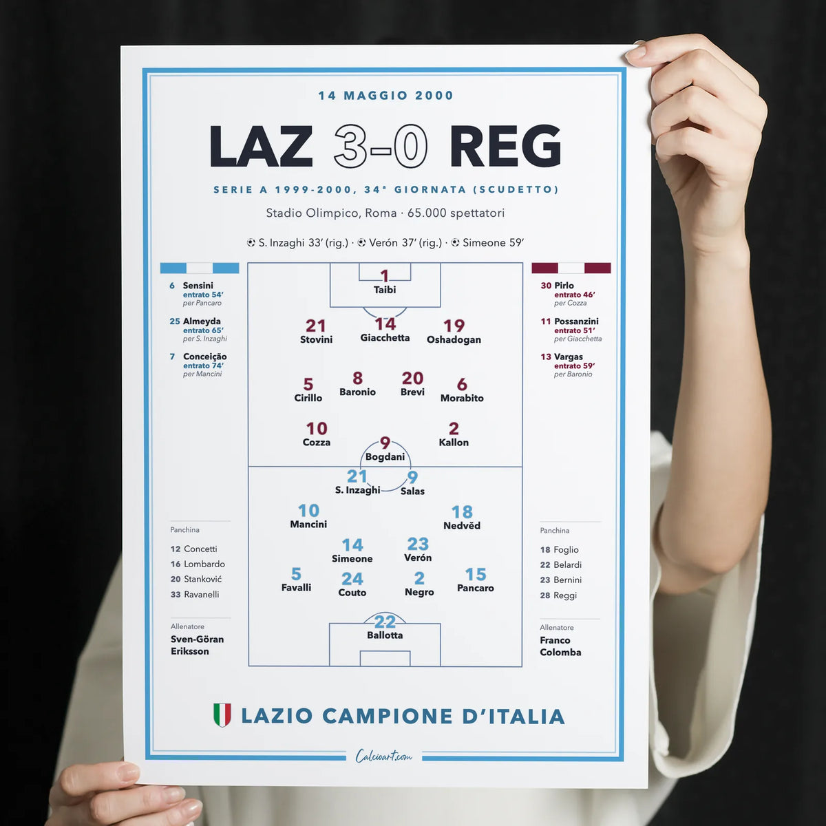 Poster della partita dello scudetto 2000 Lazio – Reggina, formazioni complete, stampa CalcioArt