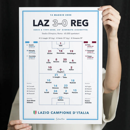 Poster della partita dello scudetto 2000 Lazio – Reggina, formazioni complete, stampa CalcioArt