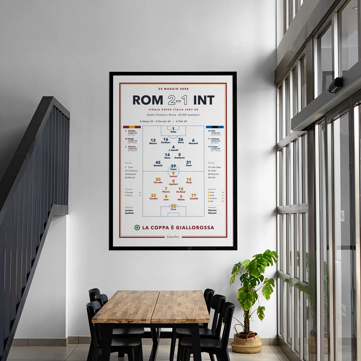 Poster della finale di Coppa Italia 2008 Roma – Inter, formazioni complete con numeri di maglia, stampa CalcioArt