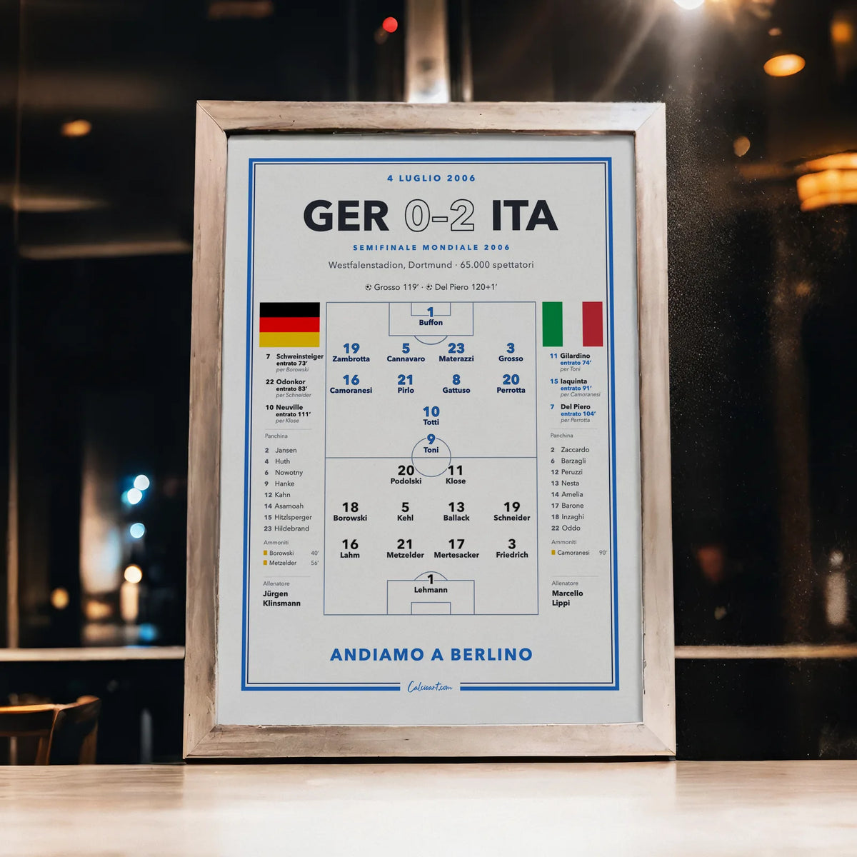 Poster Germania – Italia, semifinale Mondiali 2006: formazioni complete e gol di Grosso e Del Piero, stampa CalcioArt