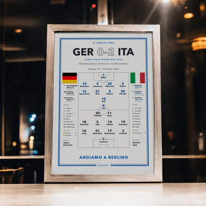 Poster Germania – Italia, semifinale Mondiali 2006: formazioni complete e gol di Grosso e Del Piero, stampa CalcioArt