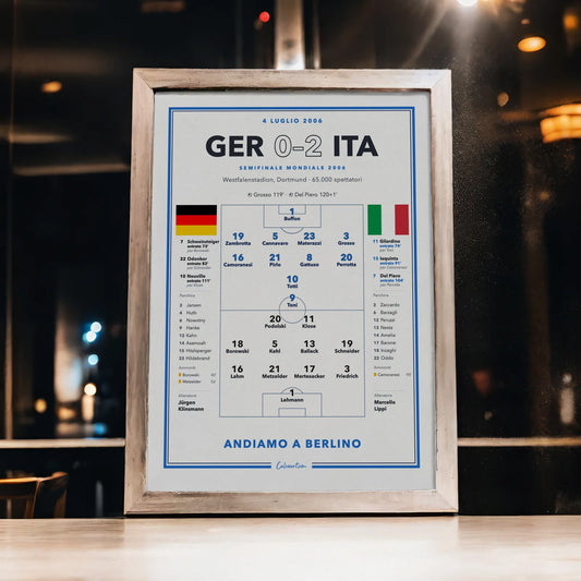 Poster Germania – Italia, semifinale Mondiali 2006: formazioni complete e gol di Grosso e Del Piero, stampa CalcioArt