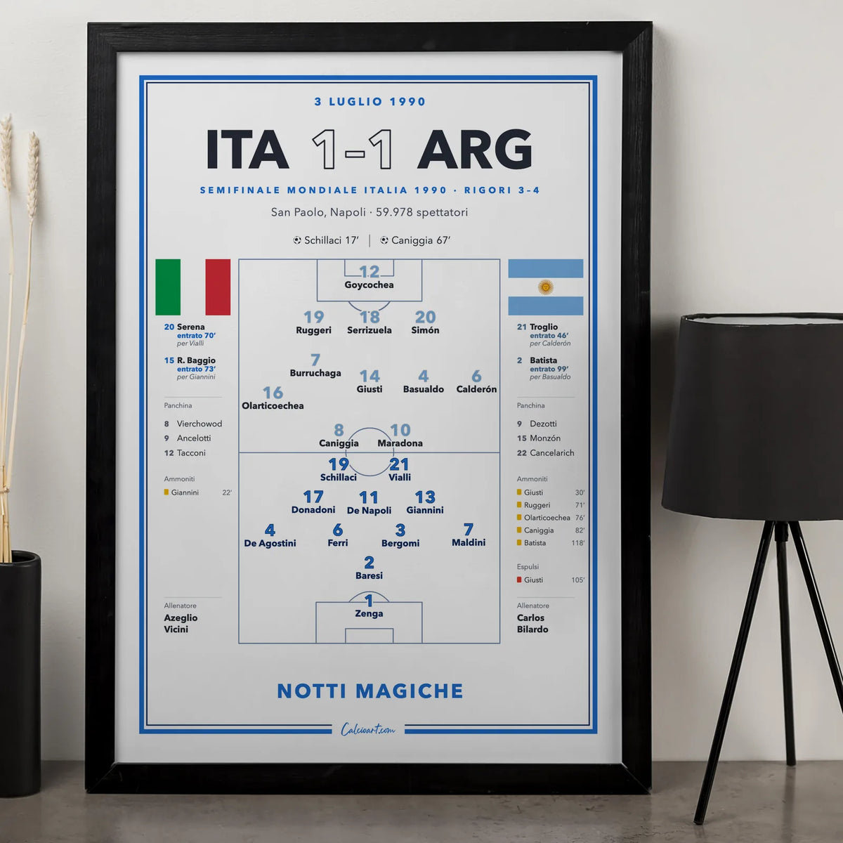 Poster partita di Italia 90 al San Paolo di Napoli con Schillaci, Maradona e Caniggia