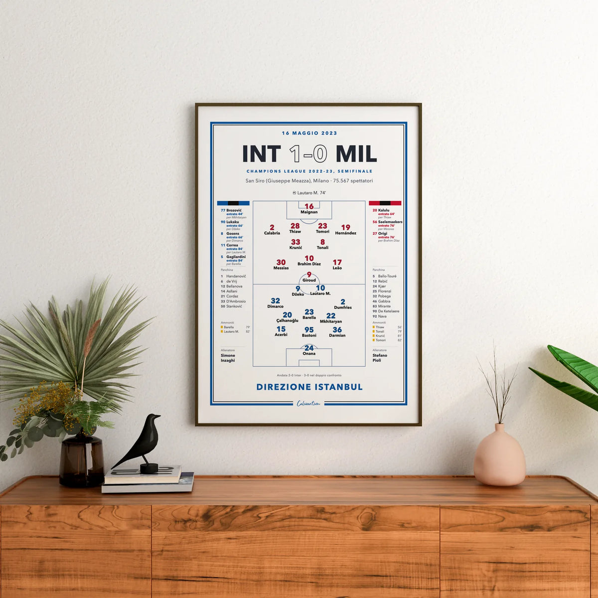 Poster Inter – Milan, semifinale Champions League 2023 in cornice appeso a una parete di casa