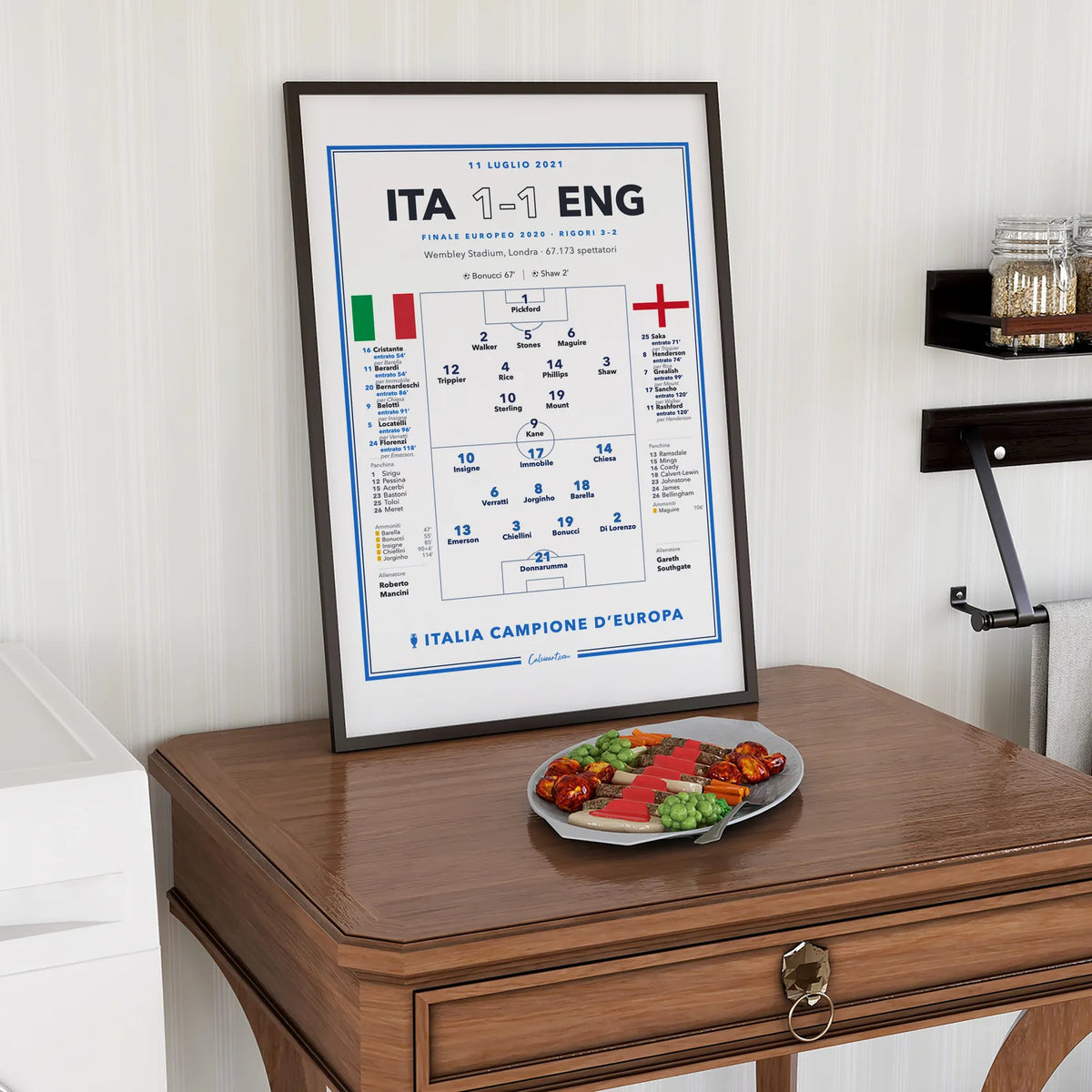 Stampa da collezione della finale Euro 2020: le formazioni di Italia e Inghilterra con numeri di maglia