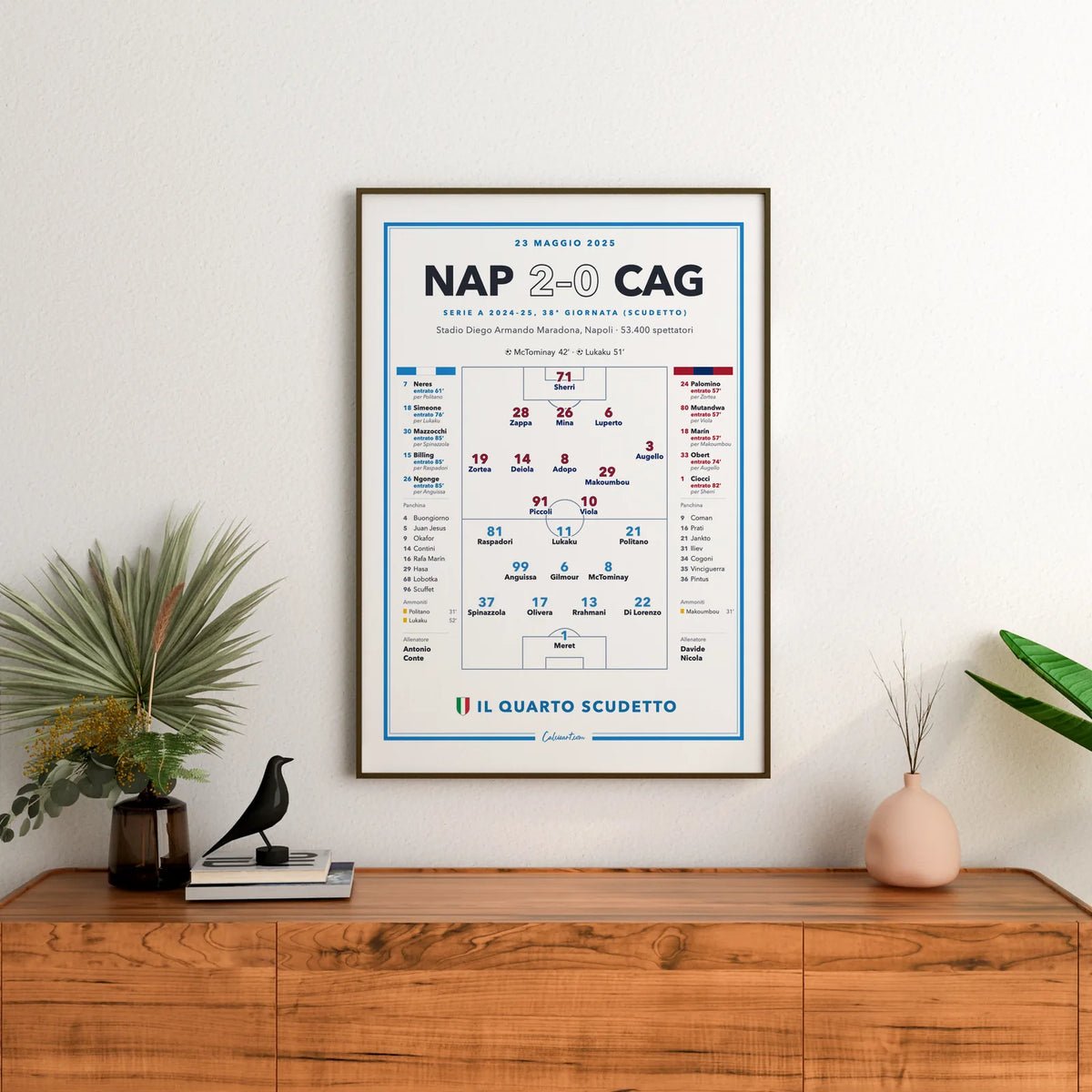 Poster partita Napoli – Cagliari allo stadio Maradona con formazioni, cambi e panchine