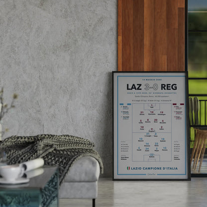 Poster partita storica Lazio – Reggina, scudetto 2000, in cornice su parete di casa