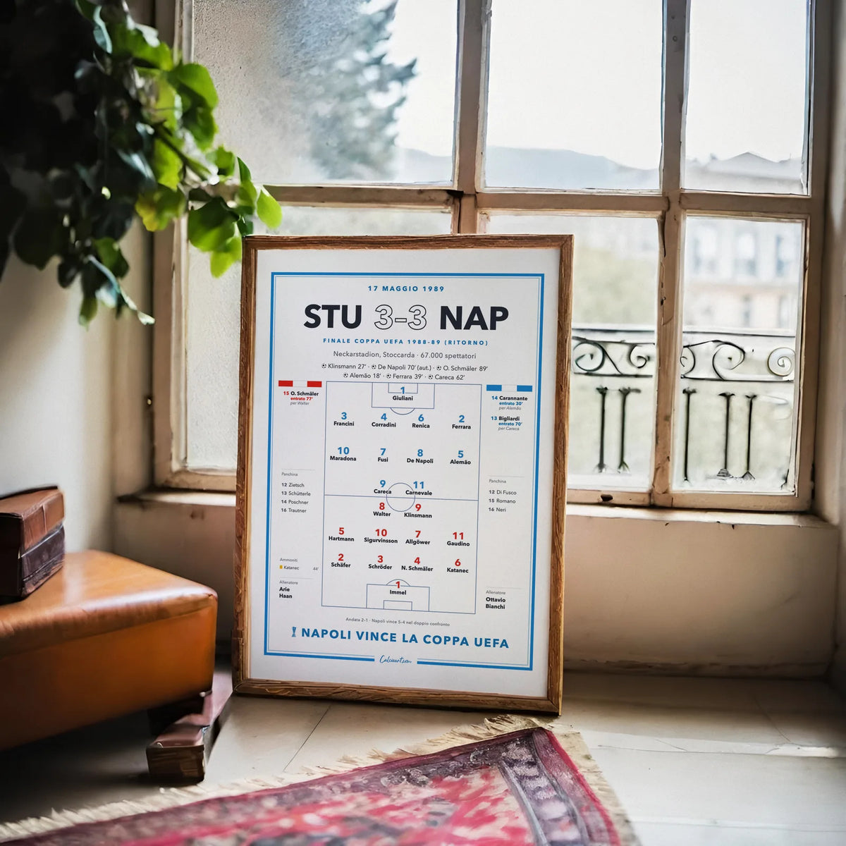 Poster partita storica Stoccarda – Napoli, finale Coppa UEFA 1989, in cornice su parete di casa