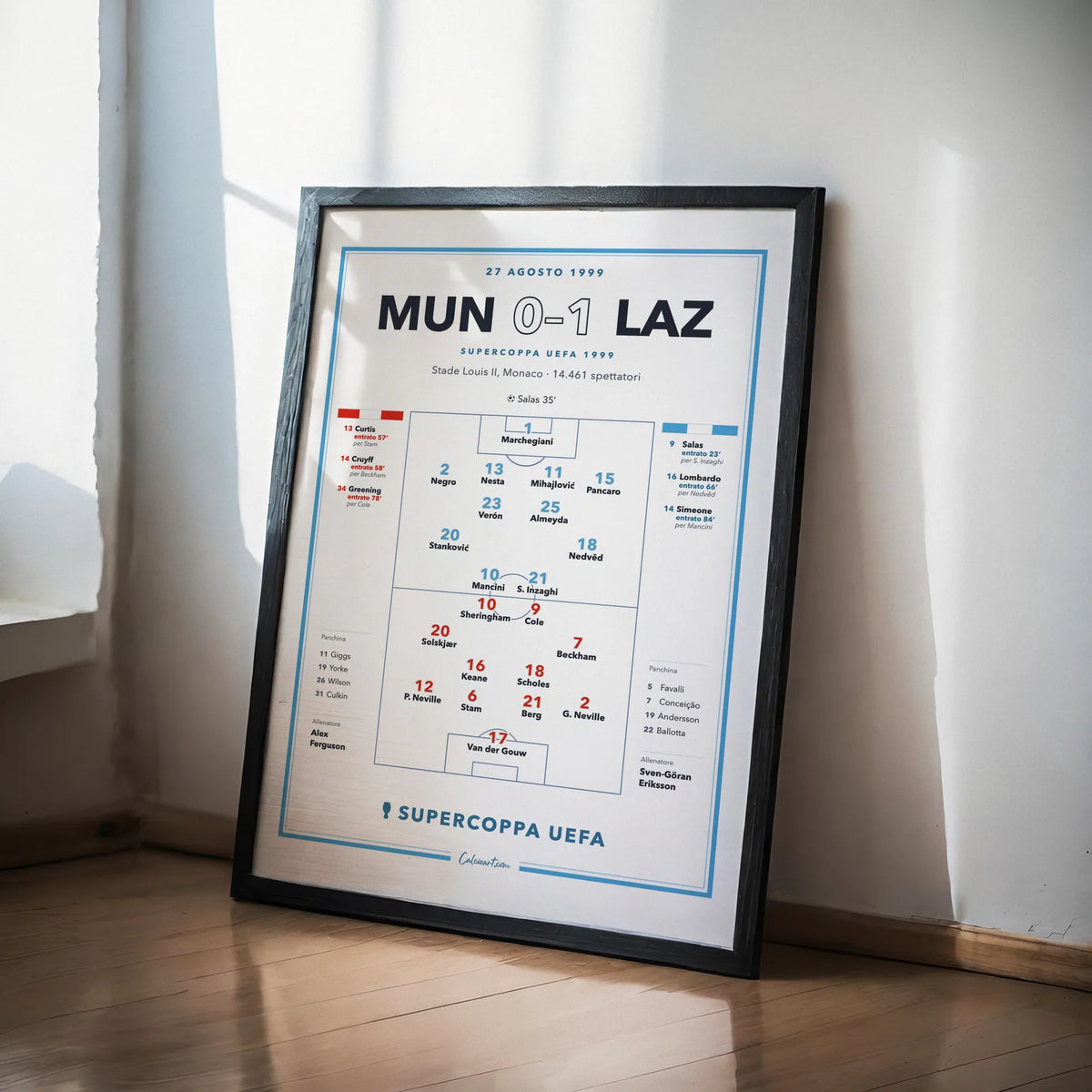 Poster partita storica Manchester United – Lazio, Supercoppa UEFA 1999, in cornice su parete di casa