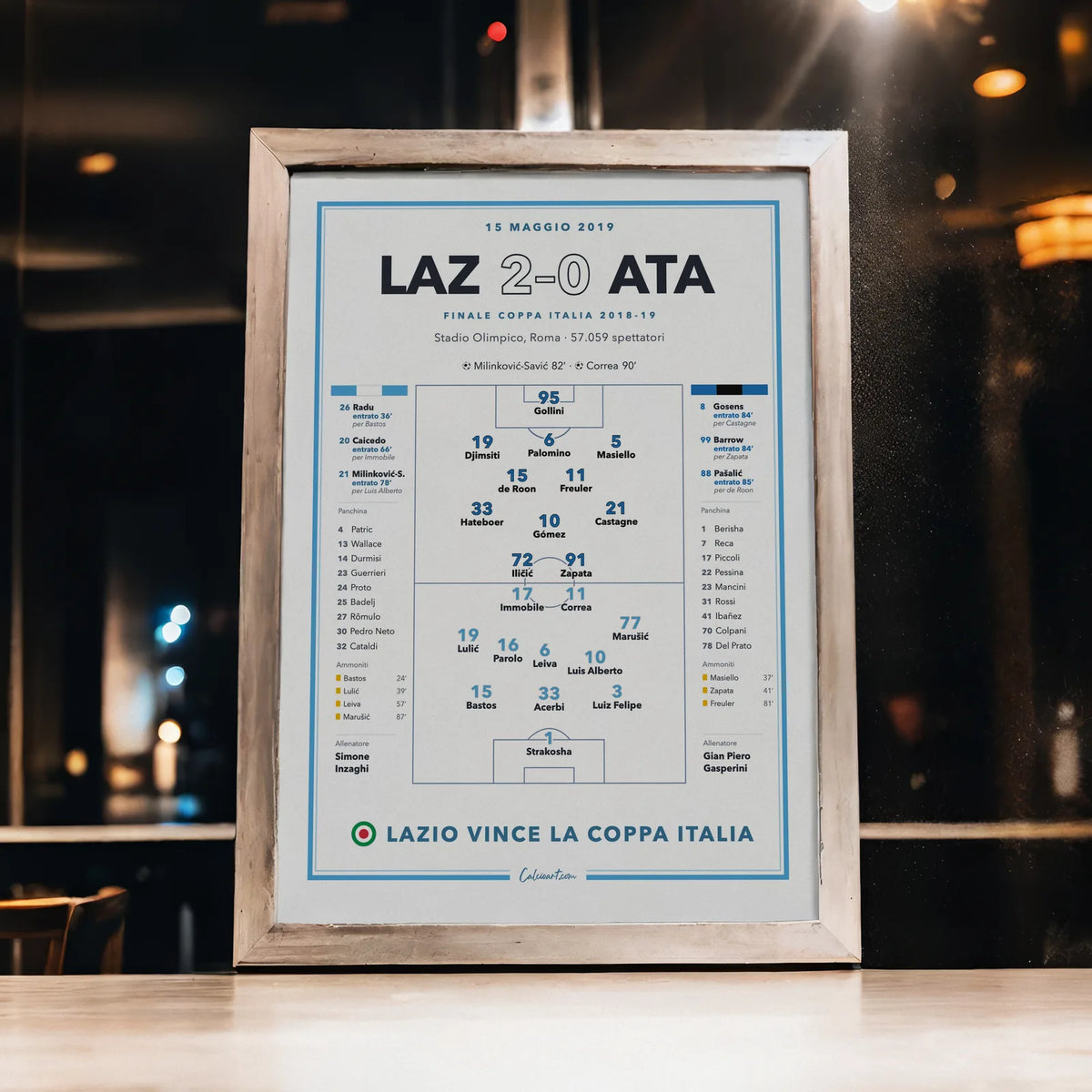 Poster partita storica Lazio – Atalanta, finale Coppa Italia 2019, in cornice su parete di casa