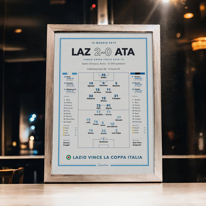 Poster partita storica Lazio – Atalanta, finale Coppa Italia 2019, in cornice su parete di casa