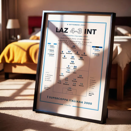 Poster partita storica Lazio – Inter, Supercoppa Italiana 2000, in cornice su parete di casa