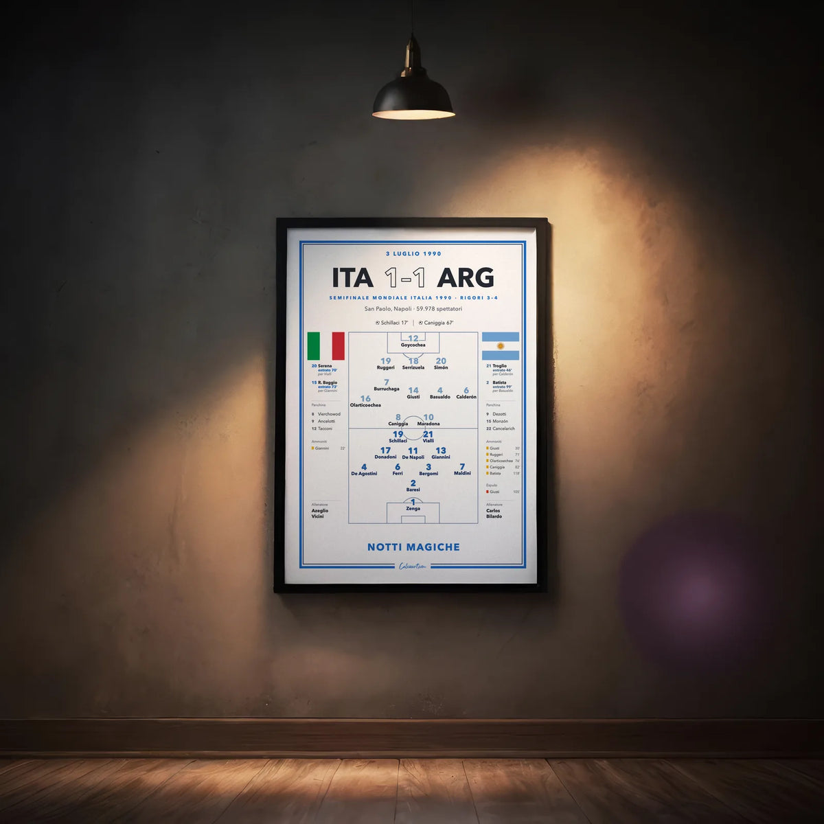 Poster calcio Italia – Argentina 1990 in cornice, formazioni, cambi e cartellini