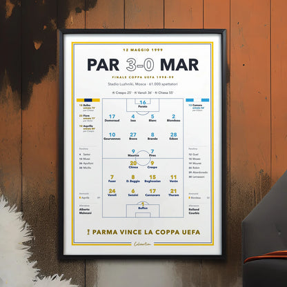 Poster della finale Coppa UEFA 1999 appeso in una stanza, regalo per il tifoso del Parma