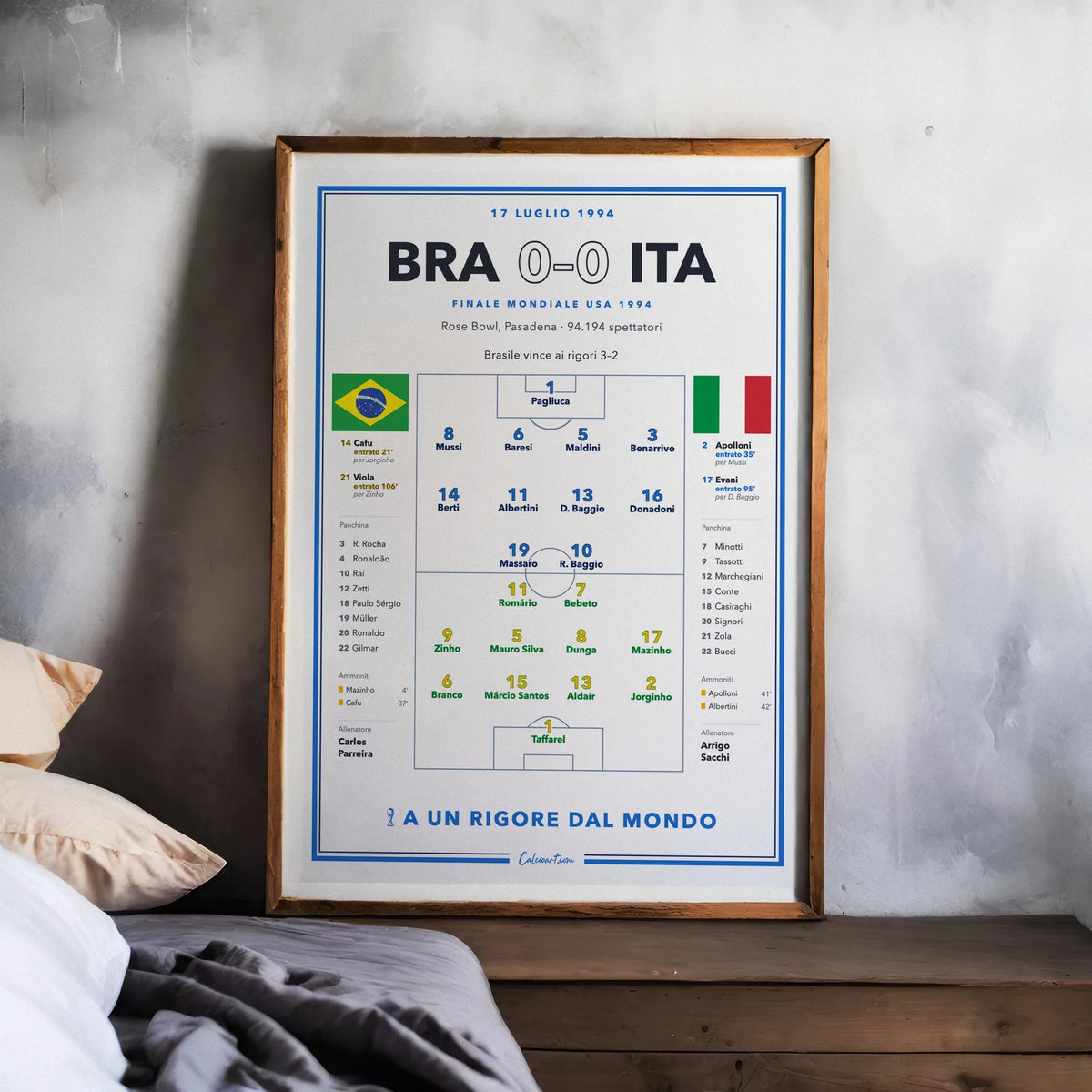 Poster calcio Brasile – Italia 1994 in cornice, cambi e cartellini al completo