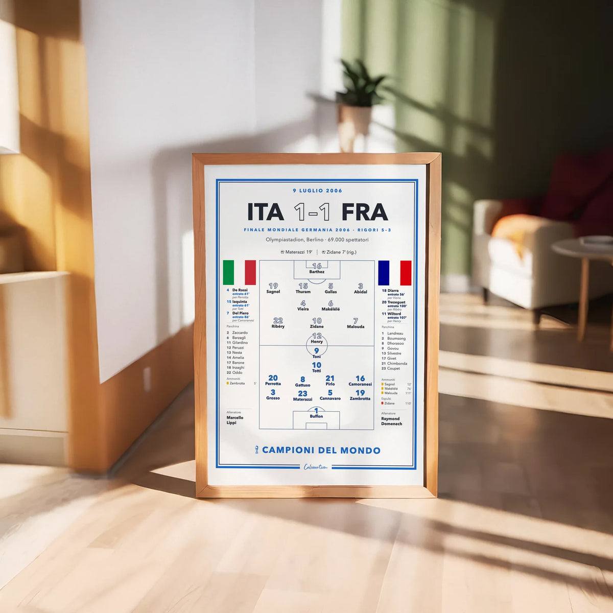 Poster calcio Italia – Francia 2006 in cornice, cambi, cartellini ed espulsione