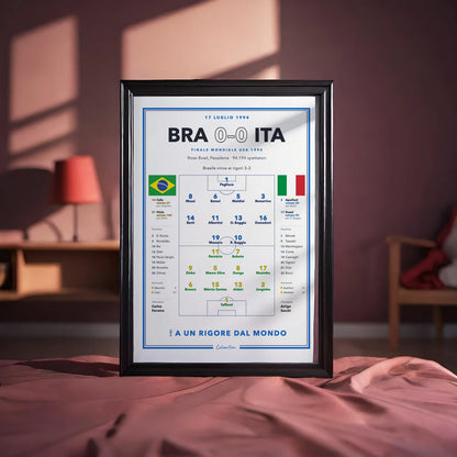 Poster calcio Brasile – Italia 1994 in cornice, cambi e cartellini al completo