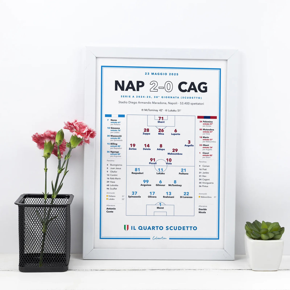 Poster calcio Napoli campione d'Italia 2025 in cornice, da appendere in casa