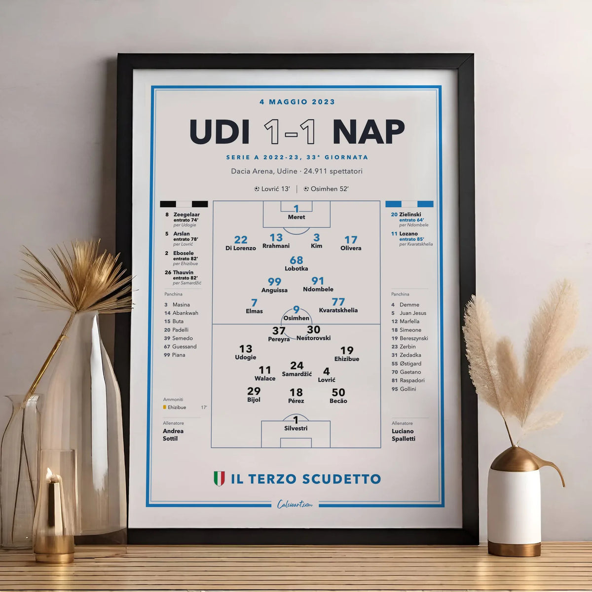 Poster calcio Napoli campione d'Italia 2023 in cornice, con i protagonisti di Udine