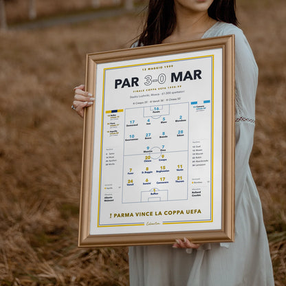 Poster della finale Coppa UEFA 1999 appeso in una stanza, regalo per il tifoso del Parma