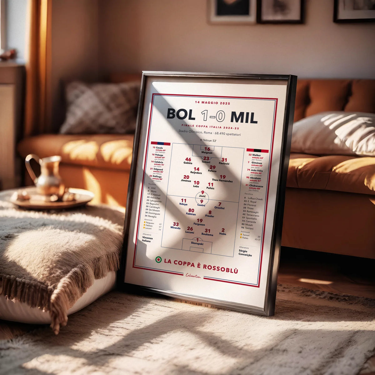 Poster della finale Coppa Italia 2025 appeso in una stanza, regalo per il tifoso del Bologna