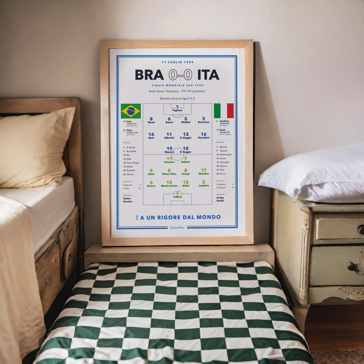 Poster calcio Brasile – Italia 1994 in cornice, cambi e cartellini al completo