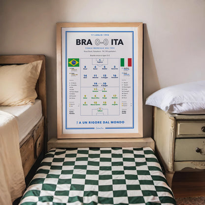 Poster calcio Brasile – Italia 1994 in cornice, cambi e cartellini al completo